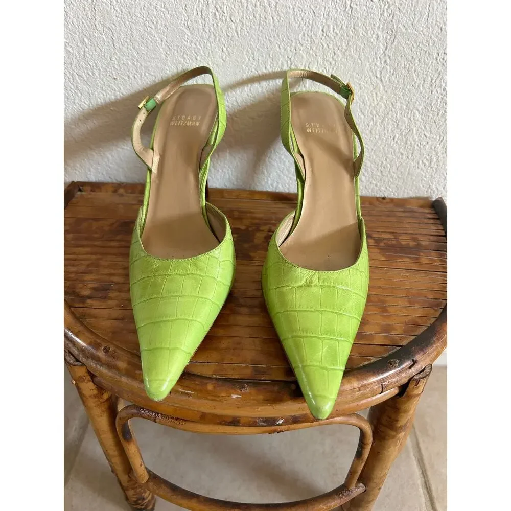Stuart Weitzman Lime Green Croc Leather Pointed Toe Slingback Heels 8M